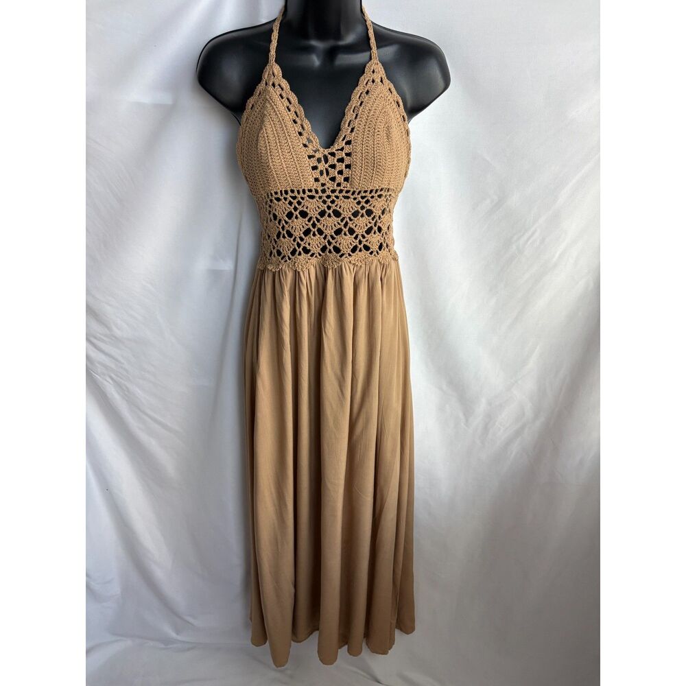 Lilbetter Crochet Halter Boho Dress Caramel Size S 100% Cotton Beachy Bohemian
